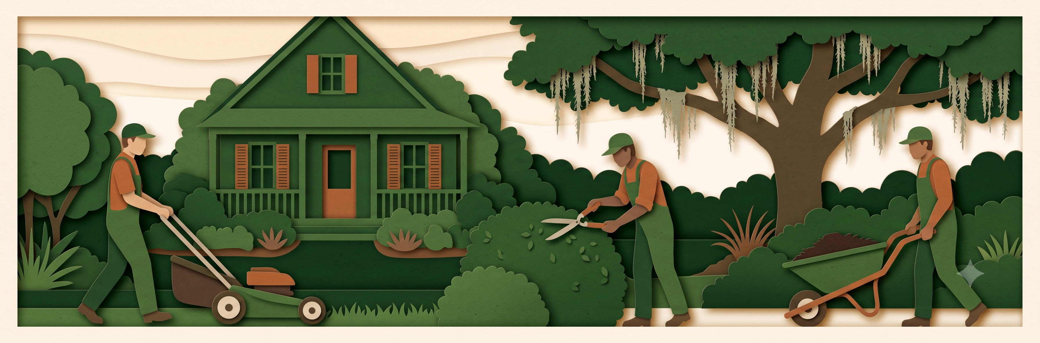 Illustrated landscaping crew at work in a Johns Island SC yard
